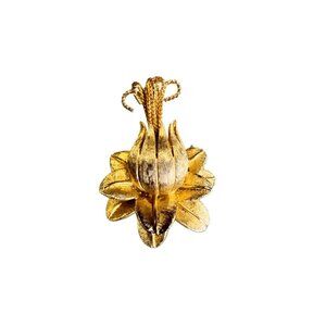 Vintage Gold Lotus Flower Brooch Intricate Textured Botanical Jewelry Statement